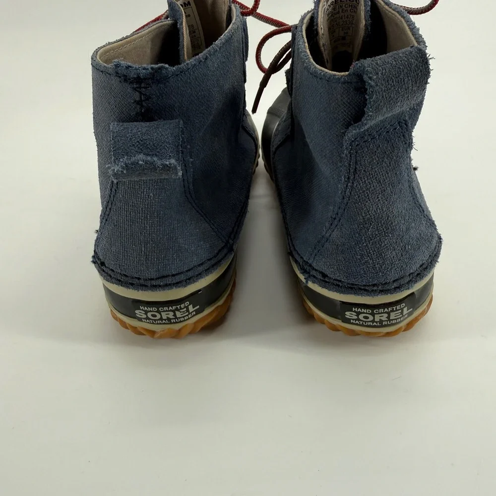 Sorel Out N About Blue Canvas Black Rubber Rain Boots‎ Women's size 7 Sample